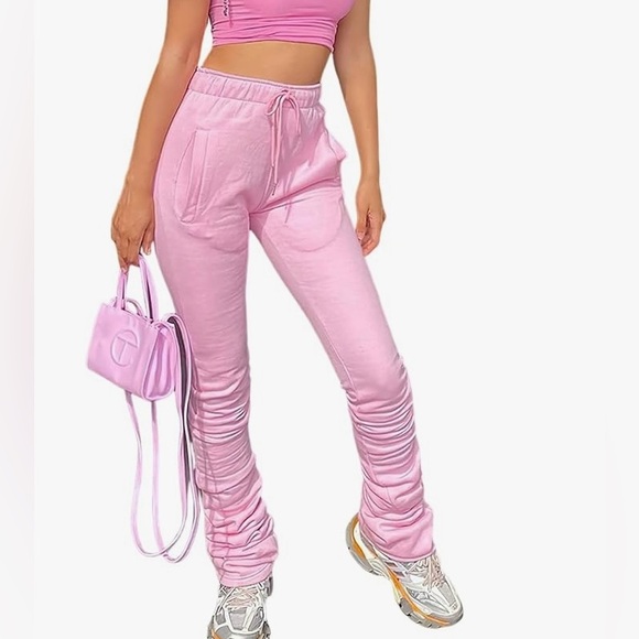 Women Stacked Leggings Pants Casual High Waist Sweatpants - Picture 1 of 4